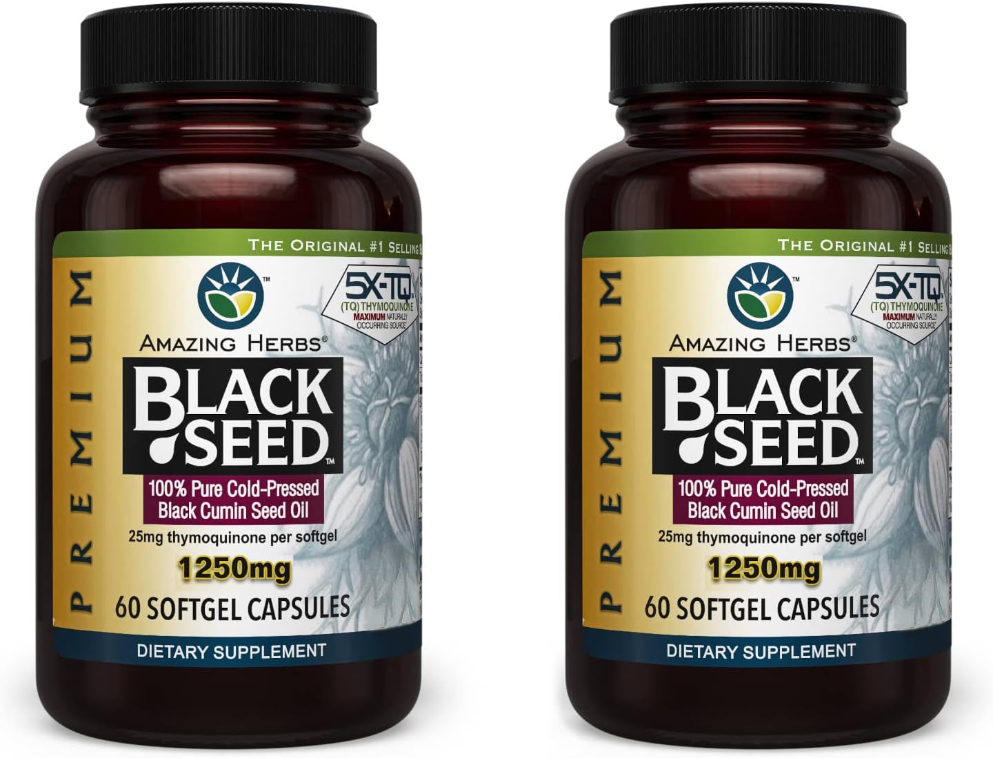 High Potency Cold Pressed Black Seed Oil Capsules for Digestive Health, Immune Support & Brain Function - 60 Count, 1250mg (2 Pack)