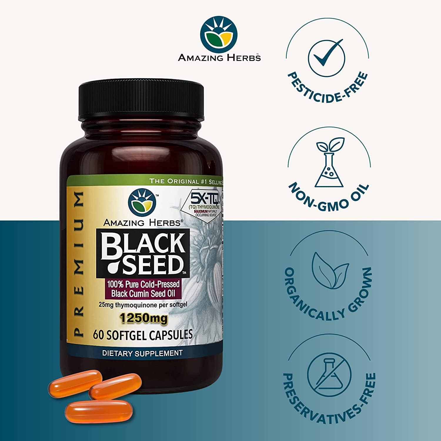 High Potency Cold Pressed Black Seed Oil Capsules for Digestive Health, Immune Support & Brain Function - 60 Count, 1250mg (2 Pack)