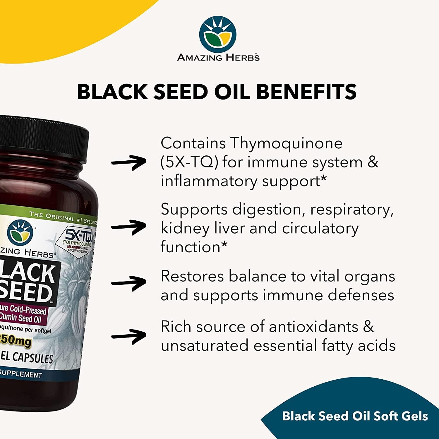 High Potency Cold Pressed Black Seed Oil Capsules for Digestive Health, Immune Support & Brain Function - 60 Count, 1250mg (2 Pack)