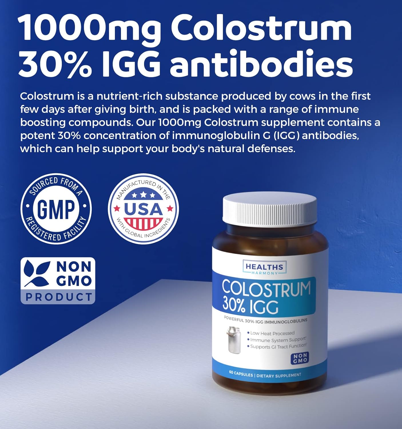 High Potency Colostrum Capsules - 1,000mg (Non-GMO) with 30% IgG Immunoglobulins - Supports Immune System, Gut & Respiratory Health - 120 Capsules