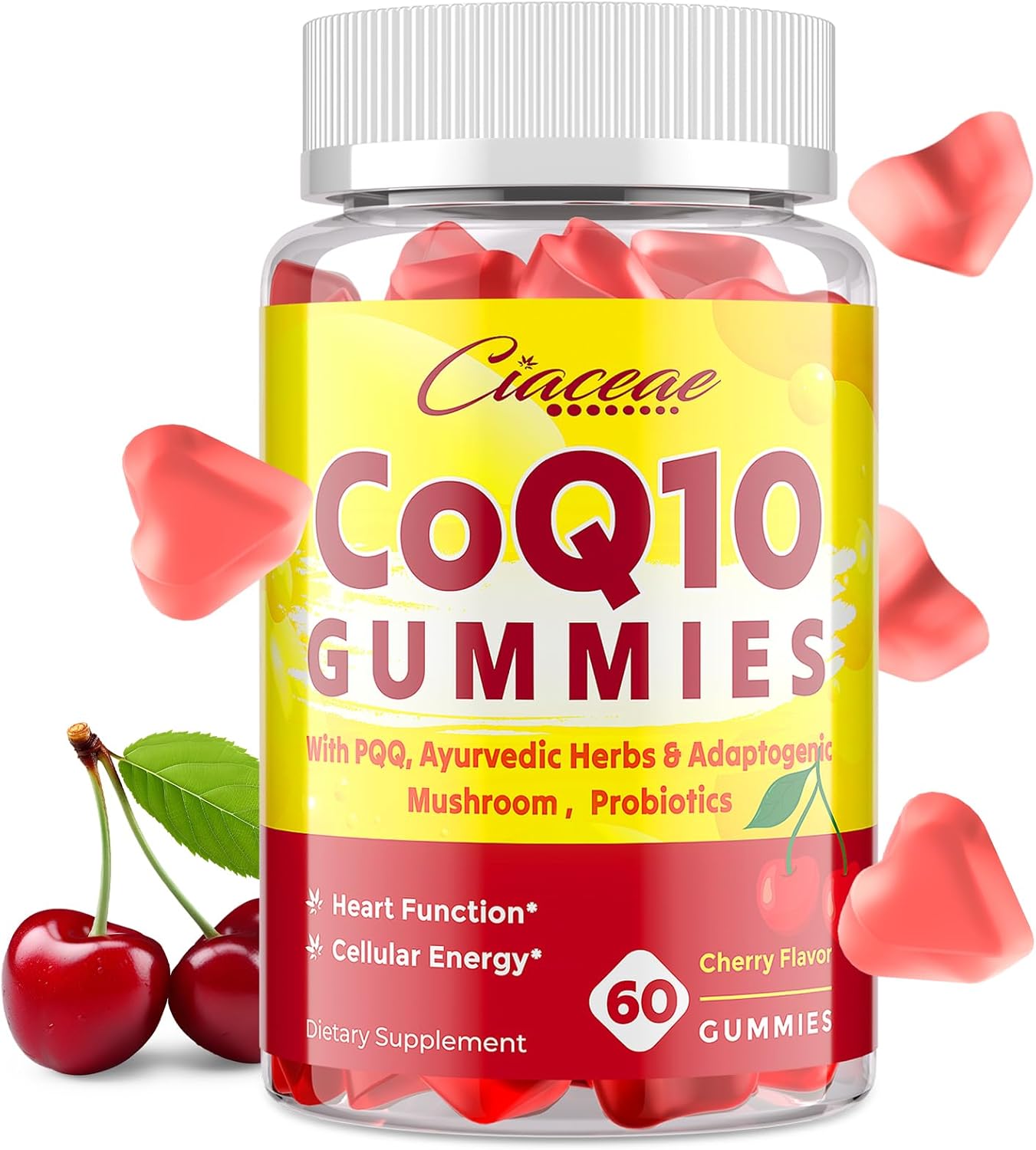 High Potency CoQ10 Gummies with PQQ, Ayurvedic Herbs, Mushroom Blend & Probiotics for Heart, Brain, Energy - 60 Vegan Gummies
