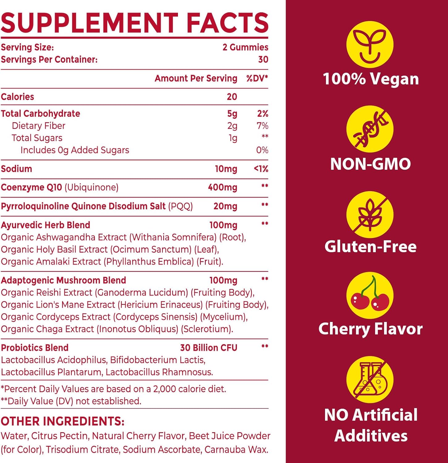 High Potency CoQ10 Gummies with PQQ, Ayurvedic Herbs, Mushroom Blend & Probiotics for Heart, Brain, Energy - 60 Vegan Gummies