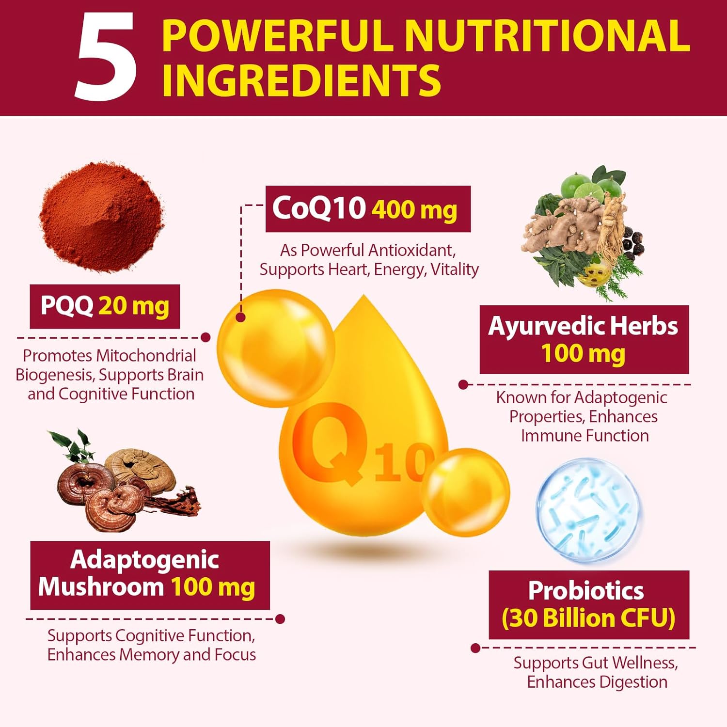 High Potency CoQ10 Gummies with PQQ, Ayurvedic Herbs, Mushroom Blend & Probiotics for Heart, Brain, Energy - 60 Vegan Gummies