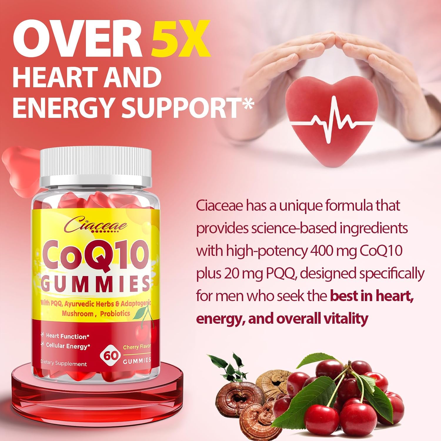 High Potency CoQ10 Gummies with PQQ, Ayurvedic Herbs, Mushroom Blend & Probiotics for Heart, Brain, Energy - 60 Vegan Gummies
