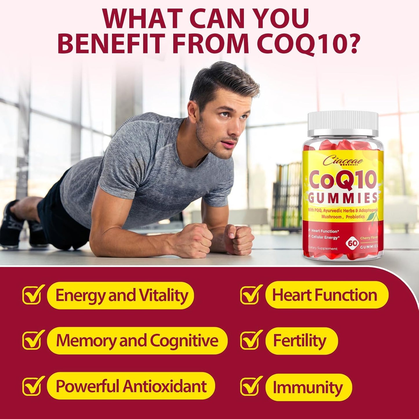 High Potency CoQ10 Gummies with PQQ, Ayurvedic Herbs, Mushroom Blend & Probiotics for Heart, Brain, Energy - 60 Vegan Gummies