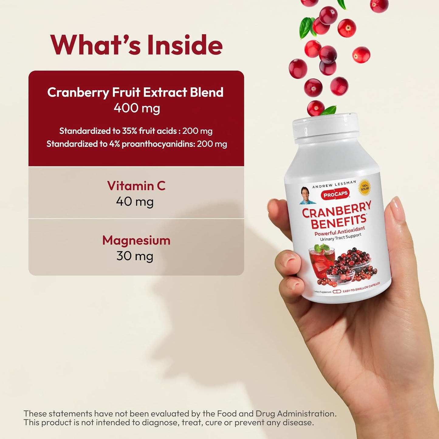 High Potency Cranberry Benefits Capsules for Bladder, Kidney, Urinary Tract Health - 60 Small Easy to Swallow Capsules