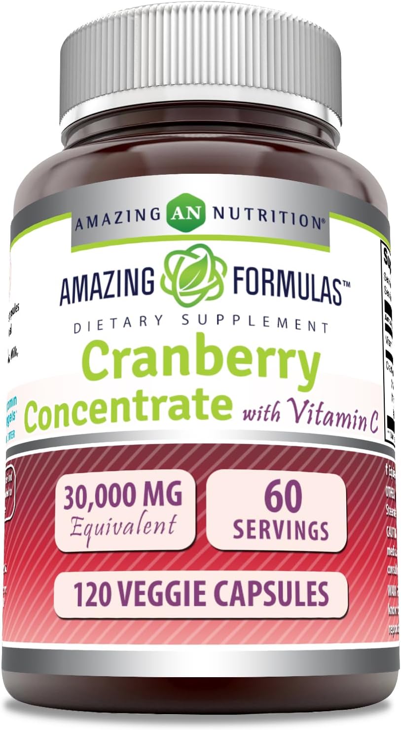 High Potency Cranberry Concentrate Supplement with Vitamin C - 30,000mg - Veggie Capsules - Non-GMO - Gluten Free - Made in USA - 120 Count
