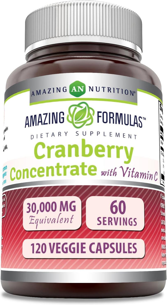 High Potency Cranberry Concentrate Supplement with Vitamin C - 30,000mg - Veggie Capsules - Non-GMO - Gluten Free - Made in USA - 120 Count