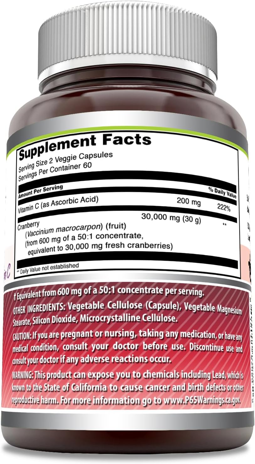High Potency Cranberry Concentrate Supplement with Vitamin C - 30,000mg - Veggie Capsules - Non-GMO - Gluten Free - Made in USA - 120 Count