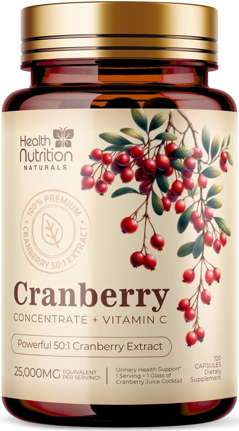 High Potency Cranberry Pills with Vitamin C - 25,000mg Concentrate Extract - Supports Urinary Tract Health - Natural Supplement for Men & Women - 120 Capsules