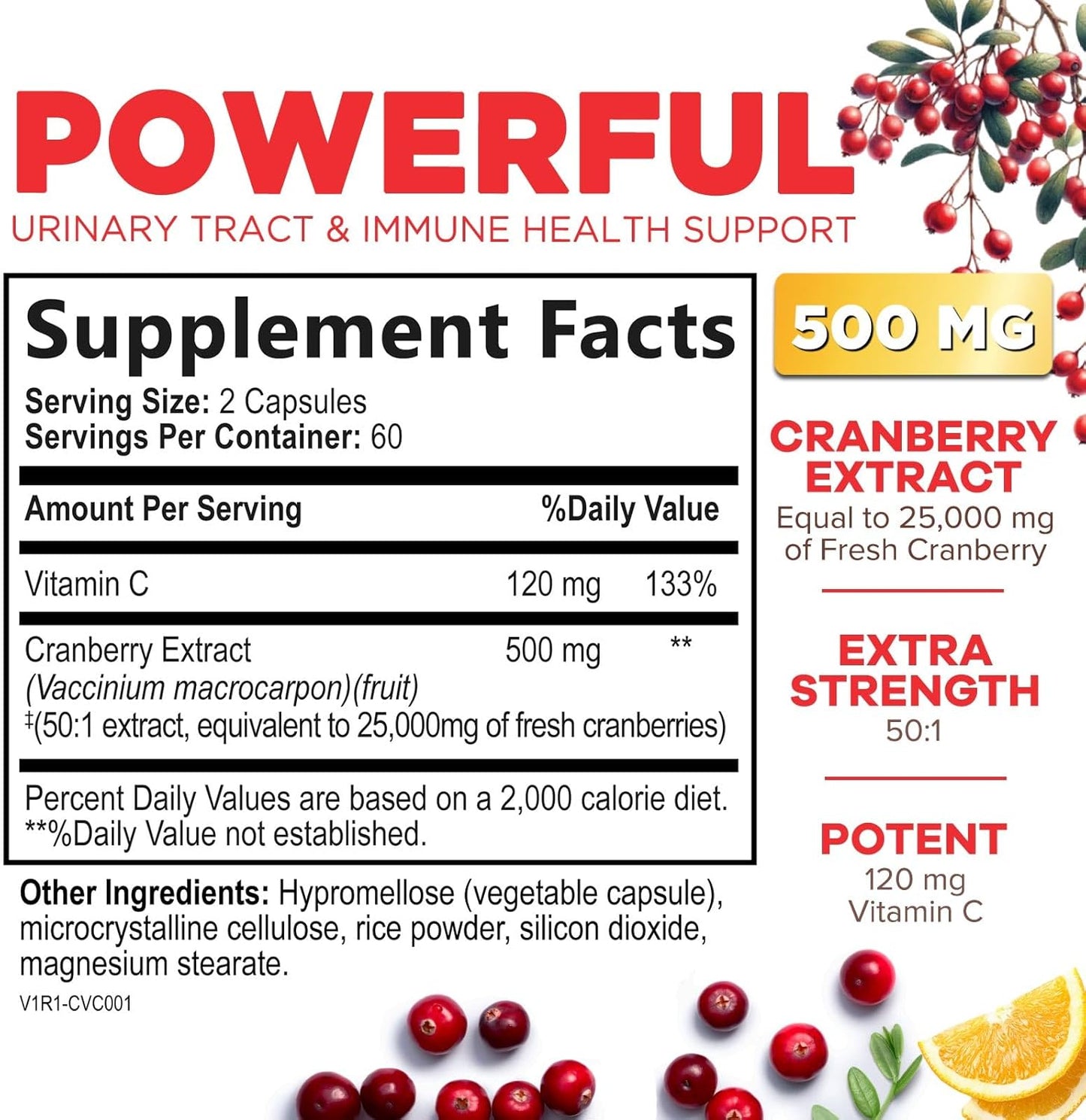 High Potency Cranberry Pills with Vitamin C - 25,000mg Concentrate Extract - Supports Urinary Tract Health - Natural Supplement for Men & Women - 120 Capsules