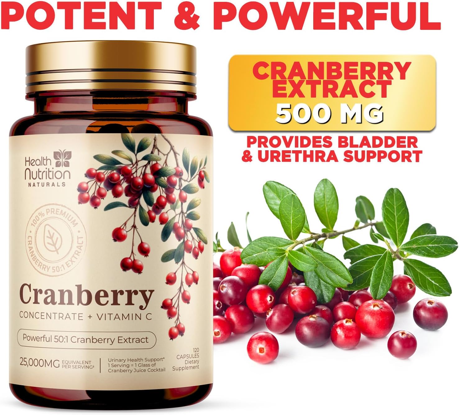 High Potency Cranberry Pills with Vitamin C - 25,000mg Concentrate Extract - Supports Urinary Tract Health - Natural Supplement for Men & Women - 120 Capsules