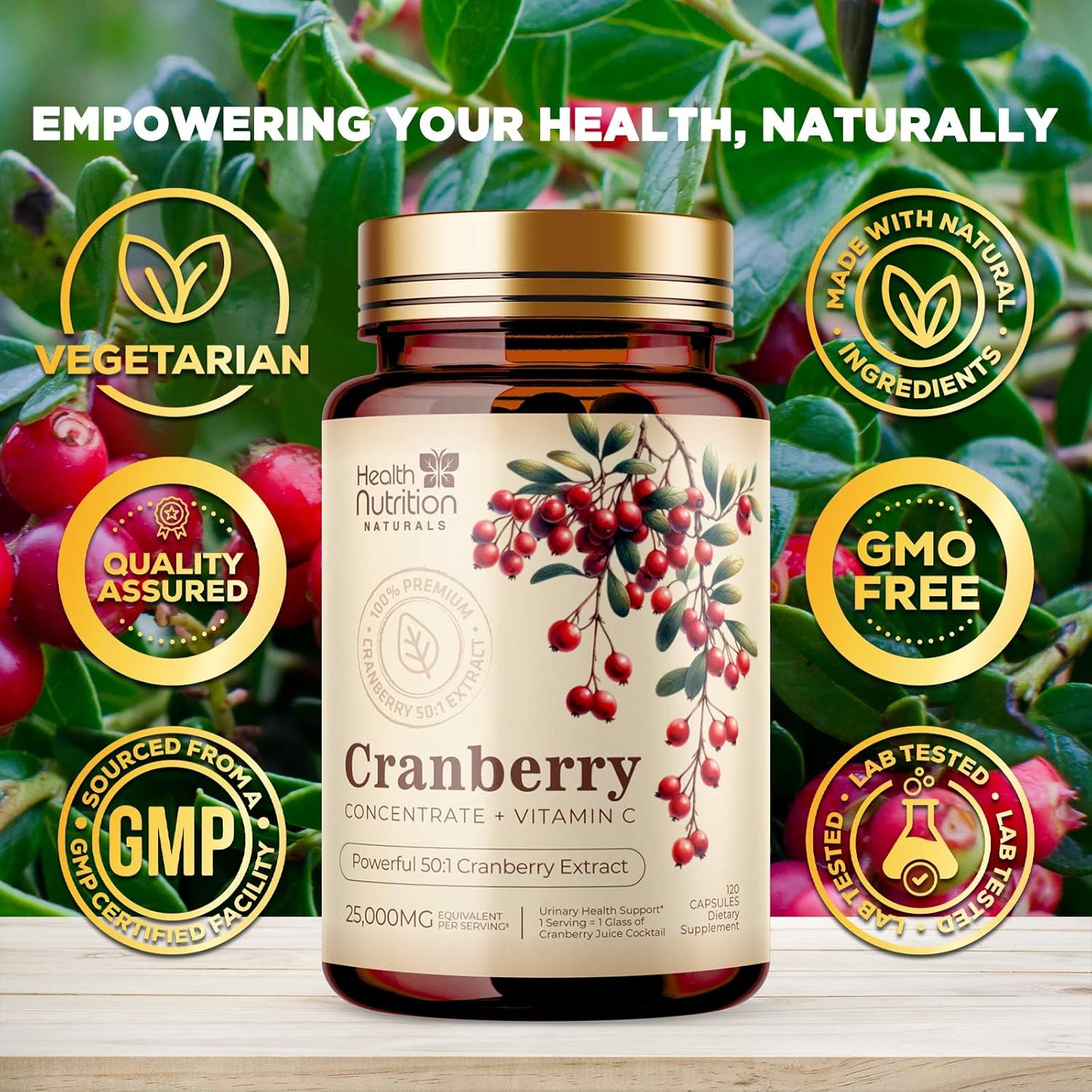 High Potency Cranberry Pills with Vitamin C - 25,000mg Concentrate Extract - Supports Urinary Tract Health - Natural Supplement for Men & Women - 120 Capsules