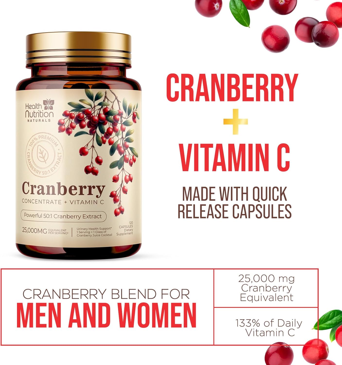High Potency Cranberry Pills with Vitamin C - 25,000mg Concentrate Extract - Supports Urinary Tract Health - Natural Supplement for Men & Women - 120 Capsules