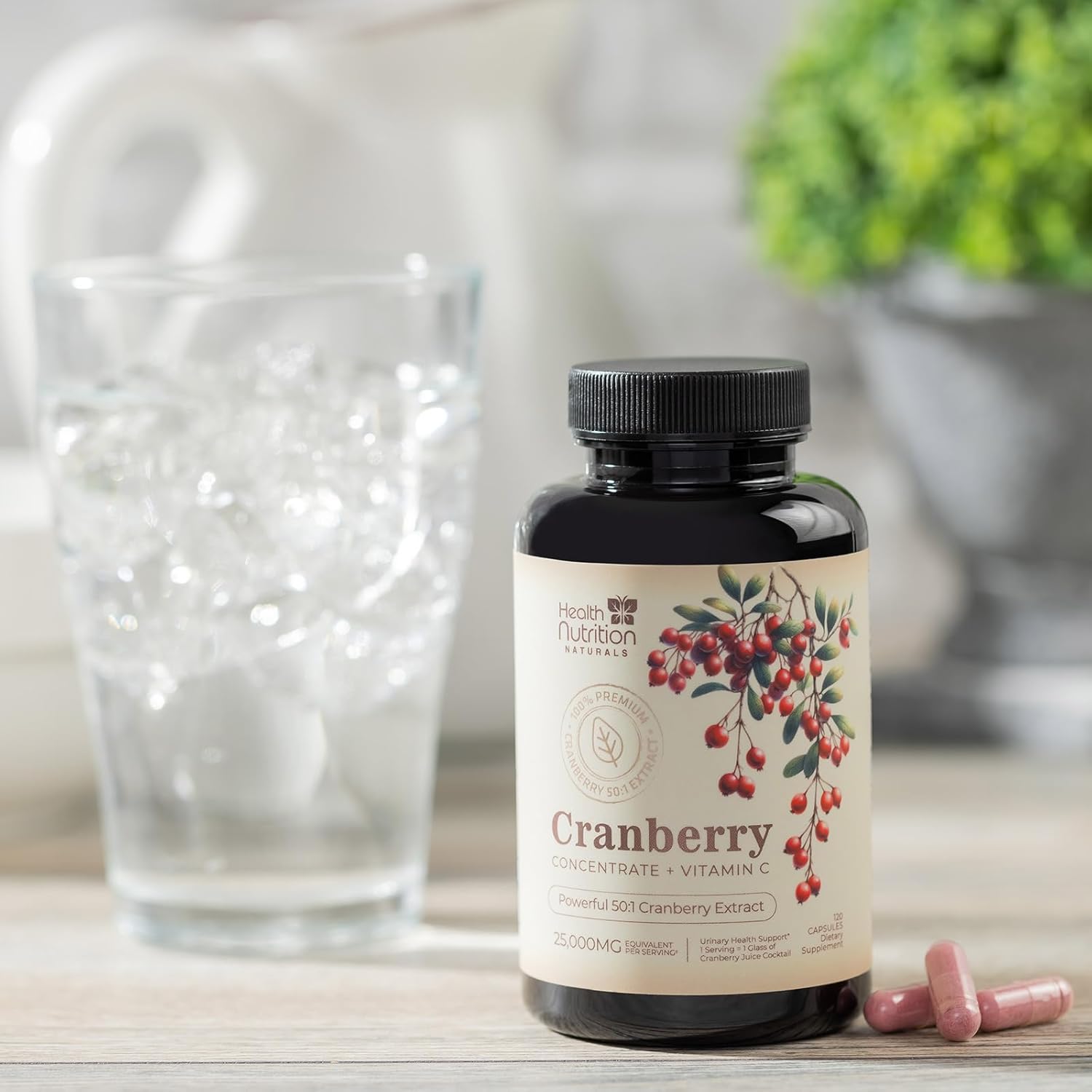 High Potency Cranberry Pills with Vitamin C - 25,000mg Concentrate Extract - Supports Urinary Tract Health - Natural Supplement for Men & Women - 120 Capsules