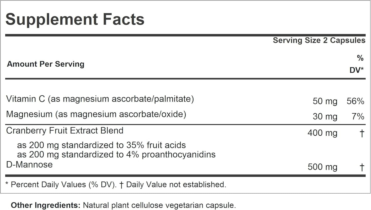 High Potency Cranberry with D-Mannose Capsules for Bladder & Urinary Tract Health - 180 Count