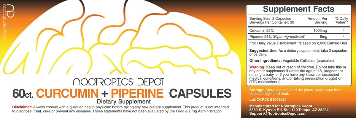 High Potency Curcumin + Piperine Capsules | 1000mg Curcumin + 6mg Piperine | 60 Capsules