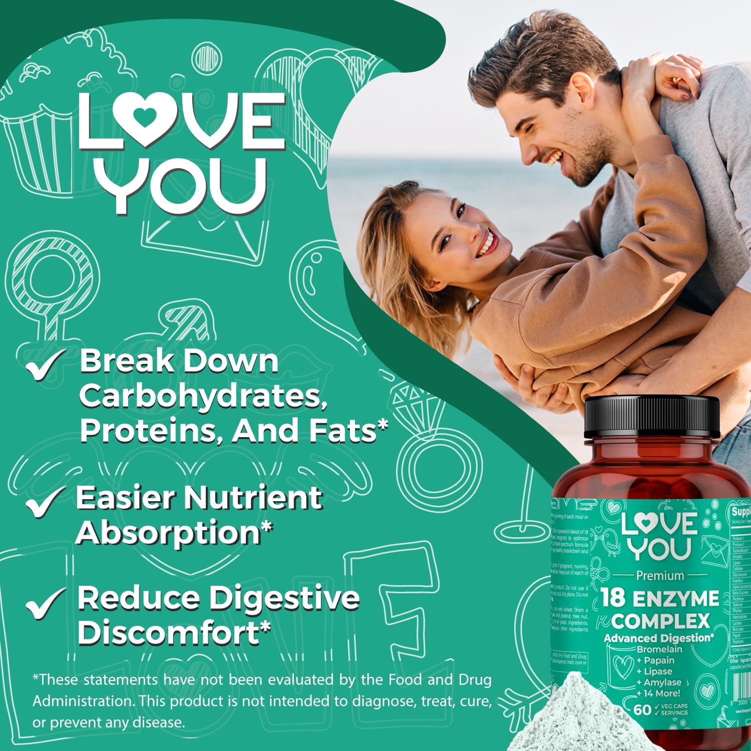 High Potency Digestive Enzymes Supplement for Women and Men - 18 Enzyme Complex for Digestive Comfort - Hemicullulase, Peptidase - 60 Veggie Caps