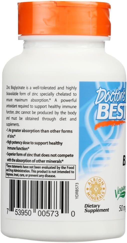High Potency Doctor's Best Zinc Bisglycinate 50mg for Immune Support and Antioxidant Boost - 90 Count