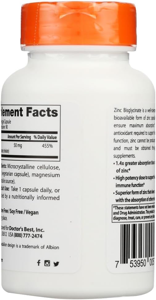 High Potency Doctor's Best Zinc Bisglycinate 50mg for Immune Support and Antioxidant Boost - 90 Count