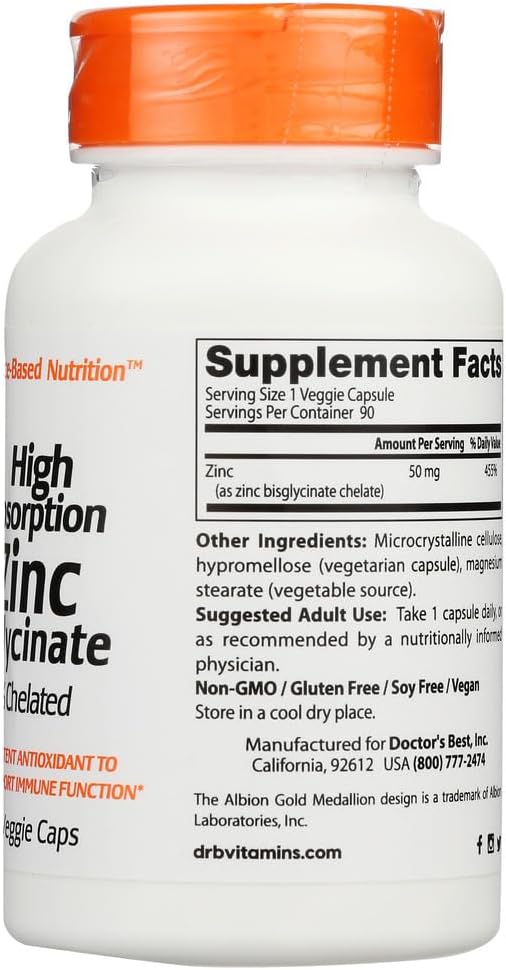 High Potency Doctor's Best Zinc Bisglycinate 50mg for Immune Support and Antioxidant Boost - 90 Count