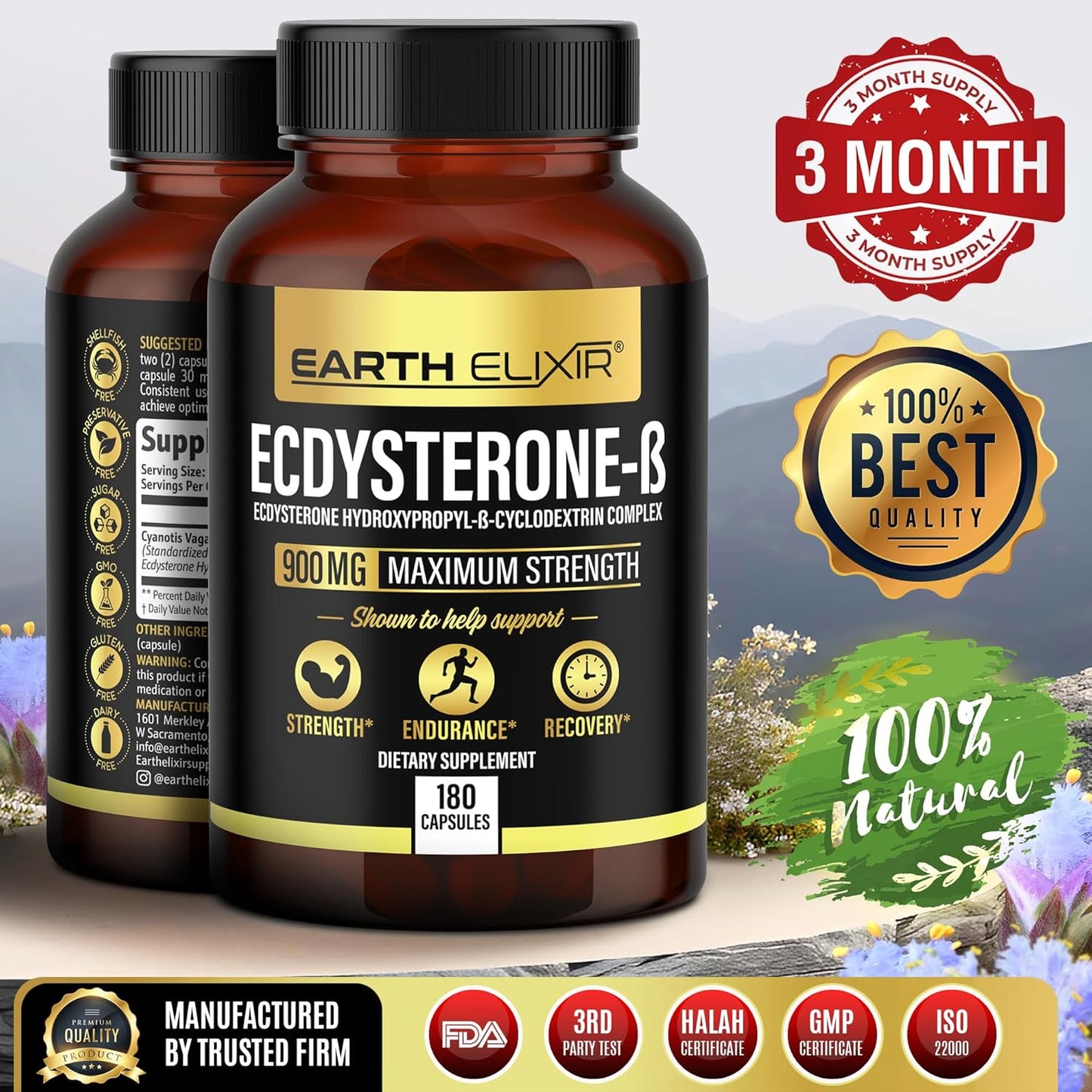 High Potency Earth Elixir Ecdysterone Supplements for Men - 900mg (180 Capsules) - Muscle Building Formula with 95% Beta Ecdysterone - Made in USA