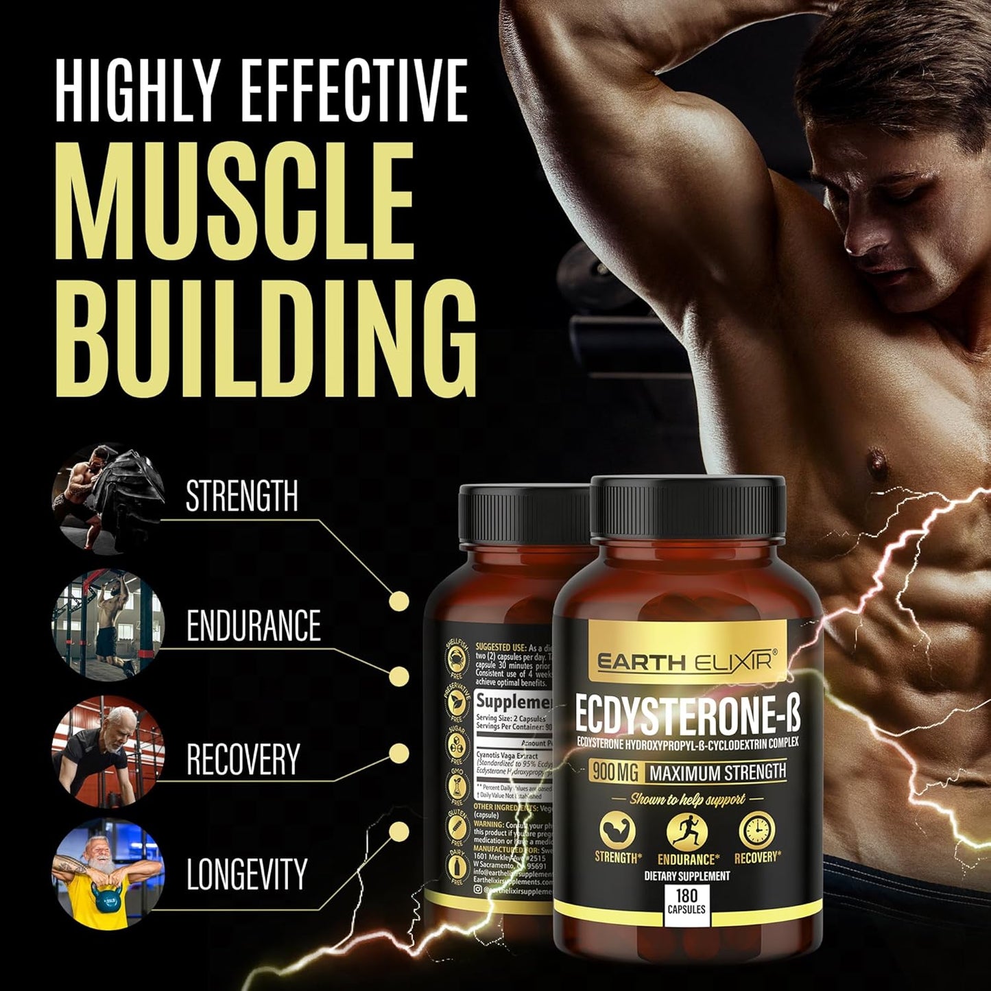 High Potency Earth Elixir Ecdysterone Supplements for Men - 900mg (180 Capsules) - Muscle Building Formula with 95% Beta Ecdysterone - Made in USA