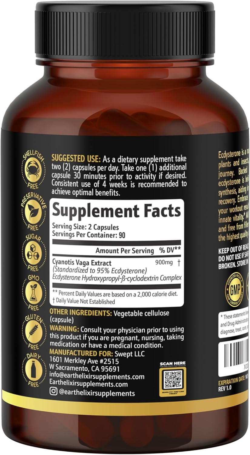 High Potency Earth Elixir Ecdysterone Supplements for Men - 900mg (180 Capsules) - Muscle Building Formula with 95% Beta Ecdysterone - Made in USA