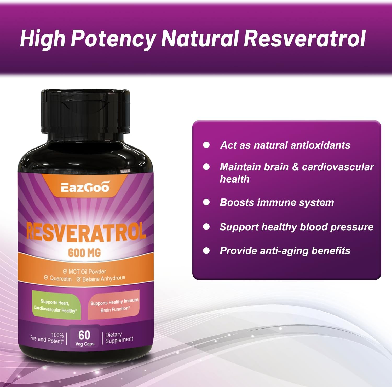 High Potency EAZGOO Resveratrol 600mg Capsules - Trans-Resveratrol Antioxidant Supplement for Healthy Aging Support (120 Count)