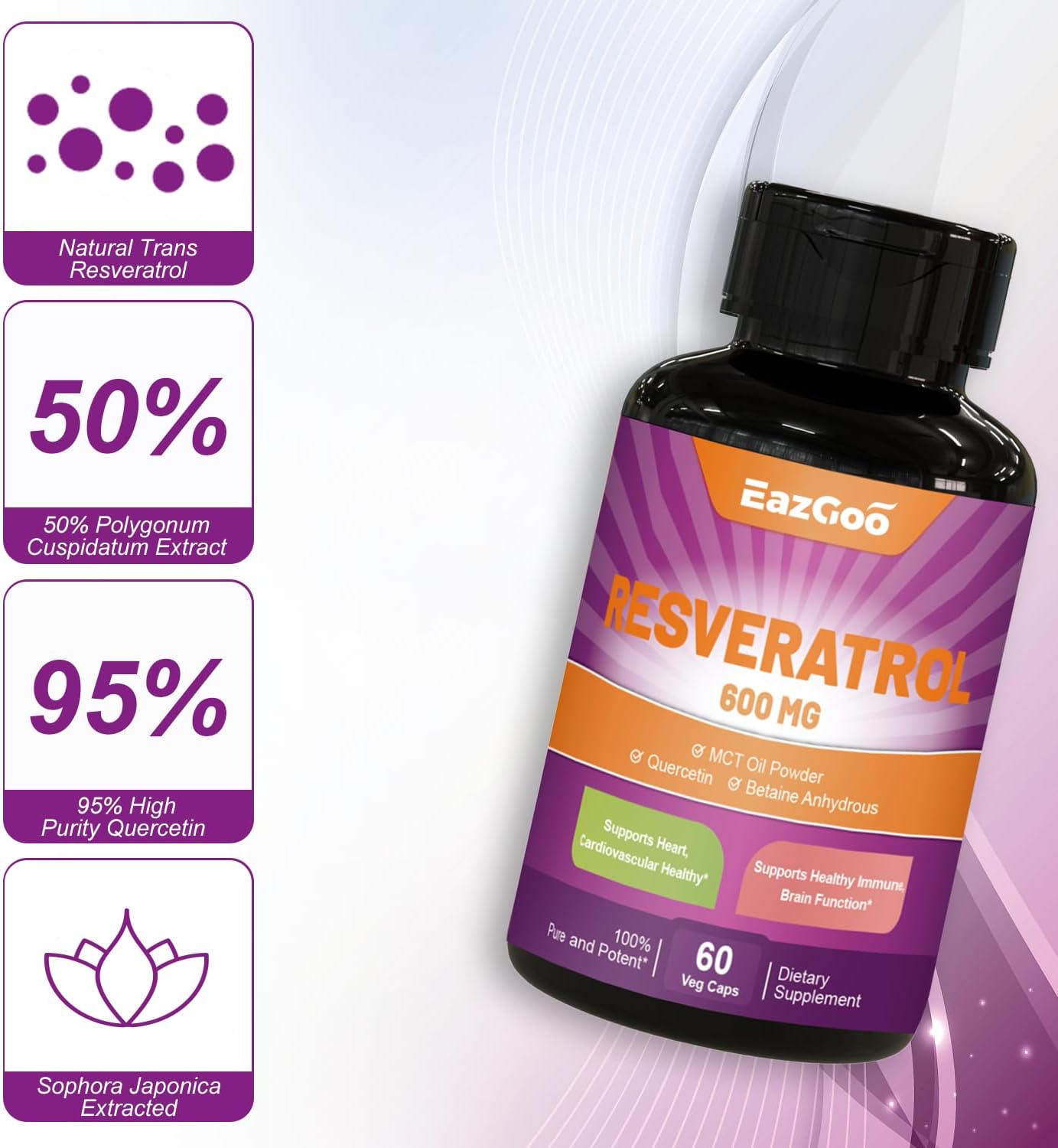 High Potency EAZGOO Resveratrol 600mg Capsules - Trans-Resveratrol Antioxidant Supplement for Healthy Aging Support (120 Count)