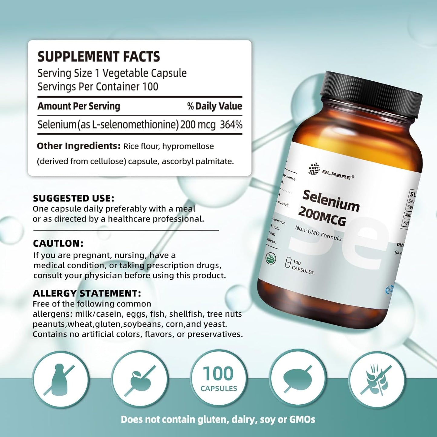 High Potency Elrare Selenium Supplement 200mcg - L-Selenomethionine Capsules - 100 Mini Size #2 Caps