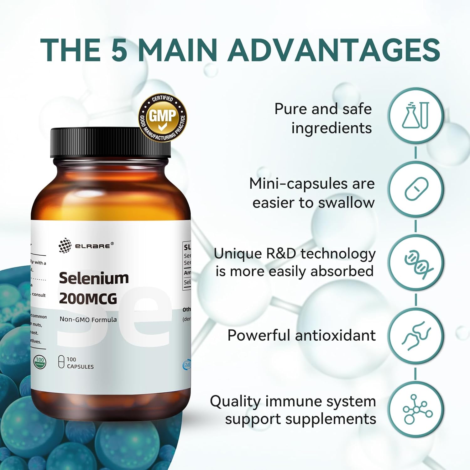 High Potency Elrare Selenium Supplement 200mcg - L-Selenomethionine Capsules - 100 Mini Size #2 Caps