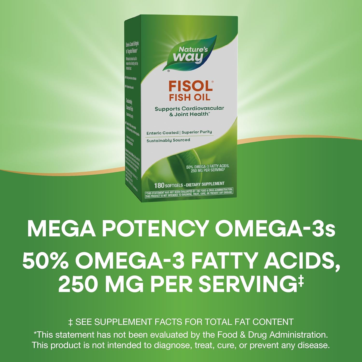 High Potency Enteric Coated Fisol Fish Oil for Cardiovascular and Joint Health - 180 Softgels