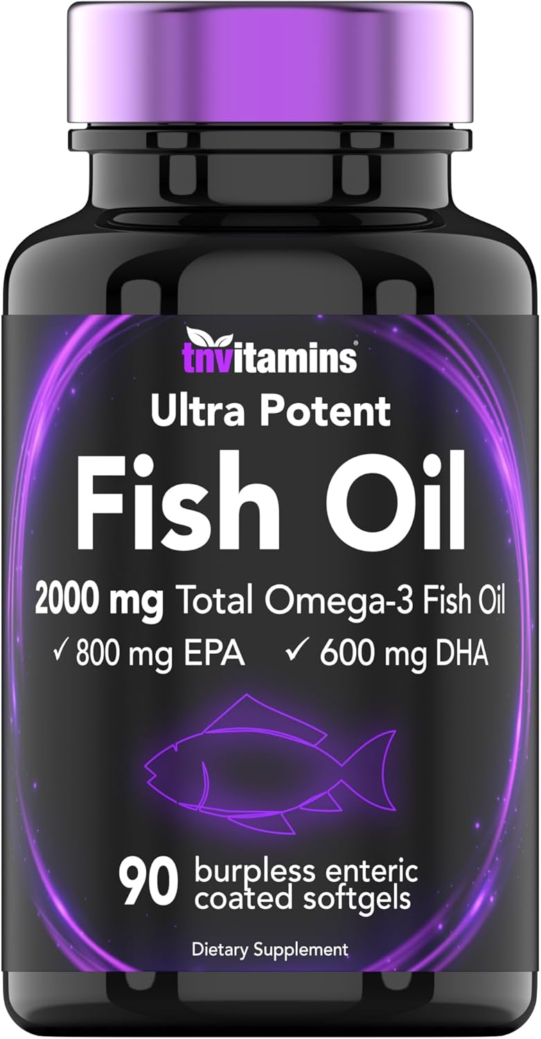 High Potency Enteric Coated Omega-3 Fish Oil Softgels for Heart Health - 2000mg, 90ct - 1400mg Omega-3 Fatty Acids (800mg EPA, 600mg DHA)