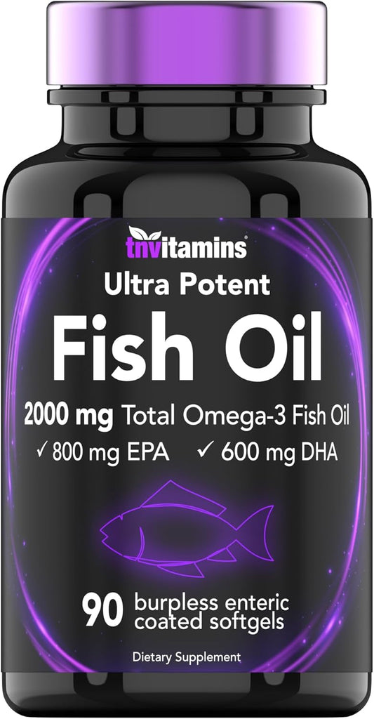 High Potency Enteric Coated Omega-3 Fish Oil Softgels for Heart Health - 2000mg, 90ct - 1400mg Omega-3 Fatty Acids (800mg EPA, 600mg DHA)