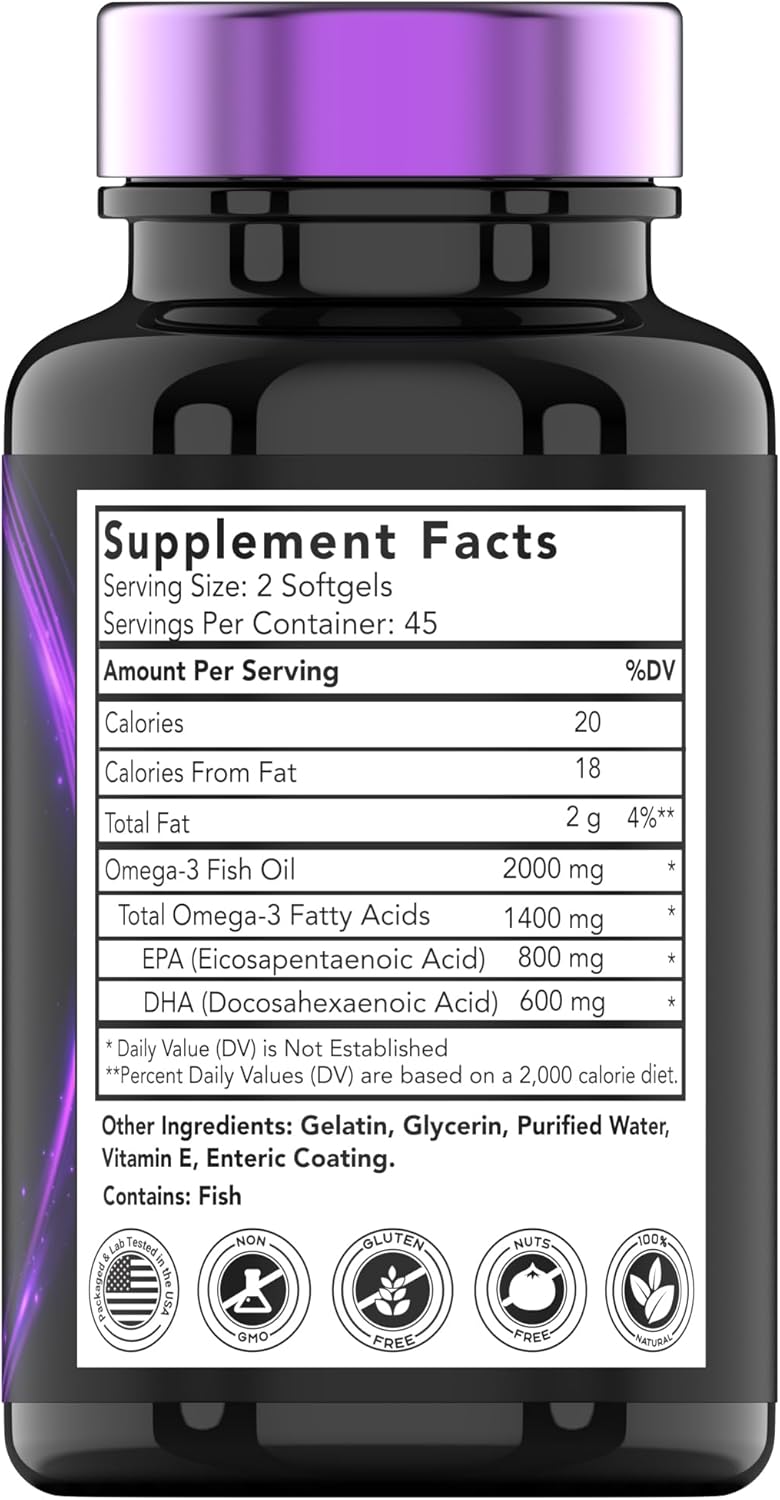 High Potency Enteric Coated Omega-3 Fish Oil Softgels for Heart Health - 2000mg, 90ct - 1400mg Omega-3 Fatty Acids (800mg EPA, 600mg DHA)