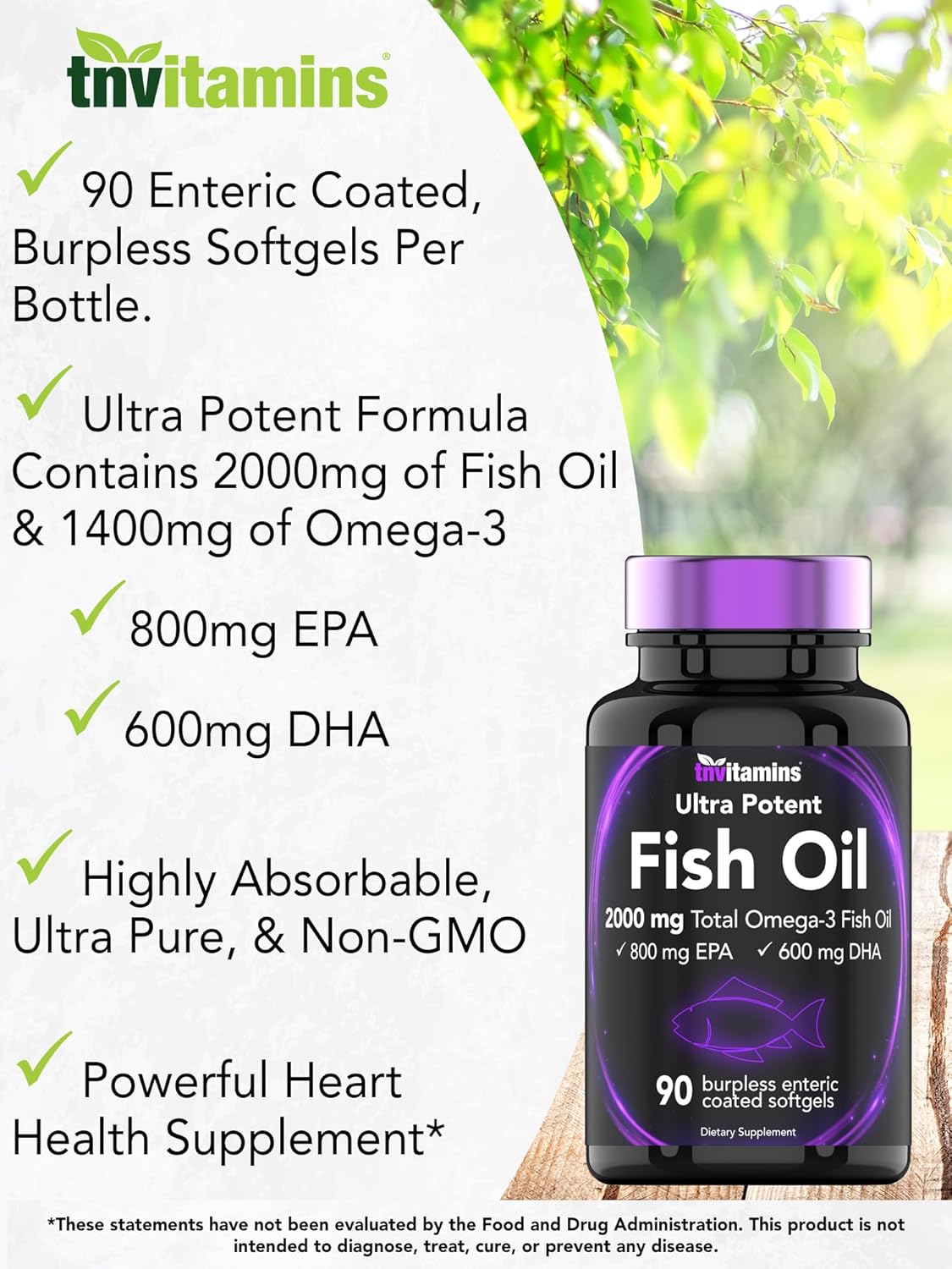 High Potency Enteric Coated Omega-3 Fish Oil Softgels for Heart Health - 2000mg, 90ct - 1400mg Omega-3 Fatty Acids (800mg EPA, 600mg DHA)