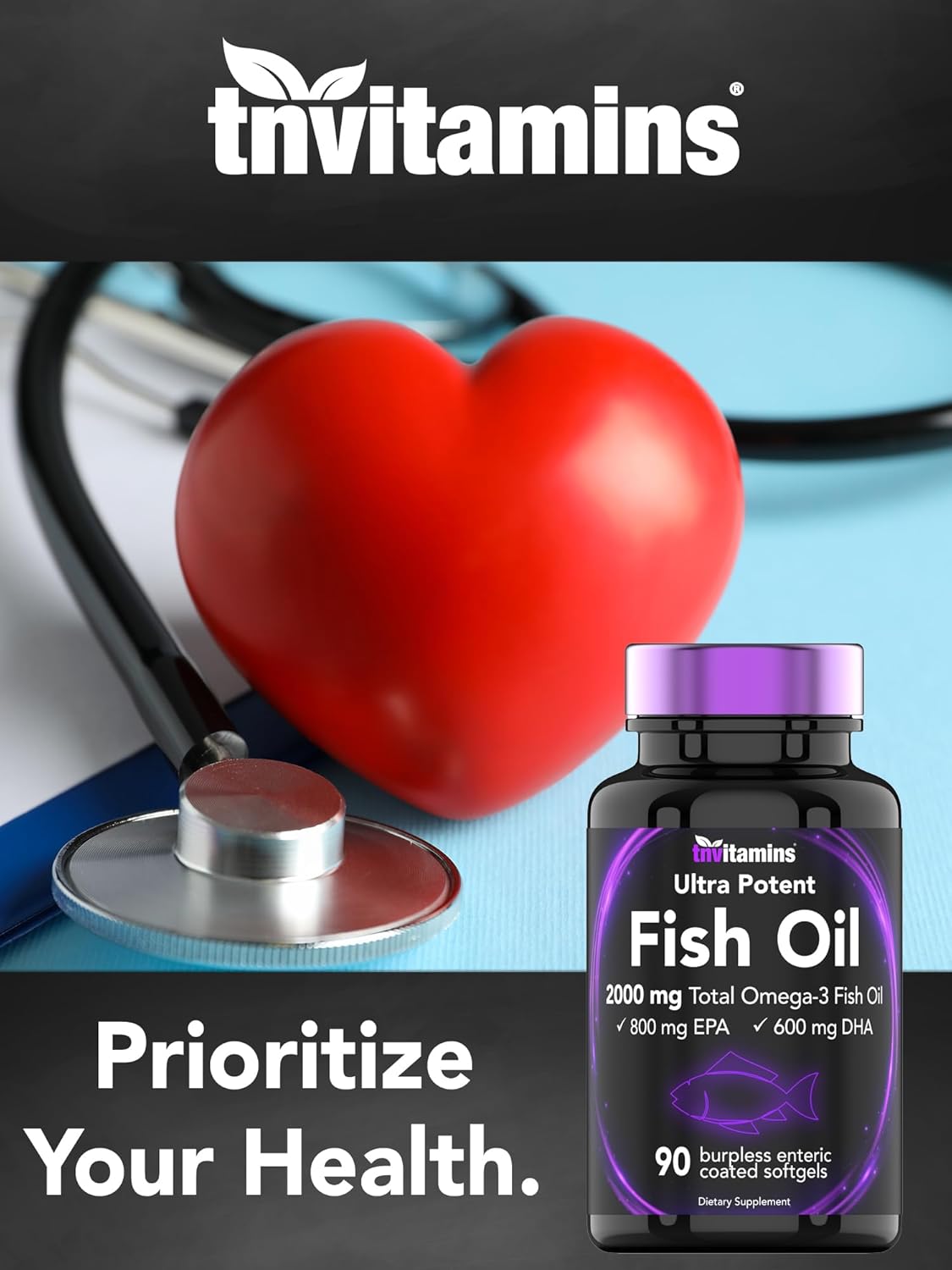 High Potency Enteric Coated Omega-3 Fish Oil Softgels for Heart Health - 2000mg, 90ct - 1400mg Omega-3 Fatty Acids (800mg EPA, 600mg DHA)