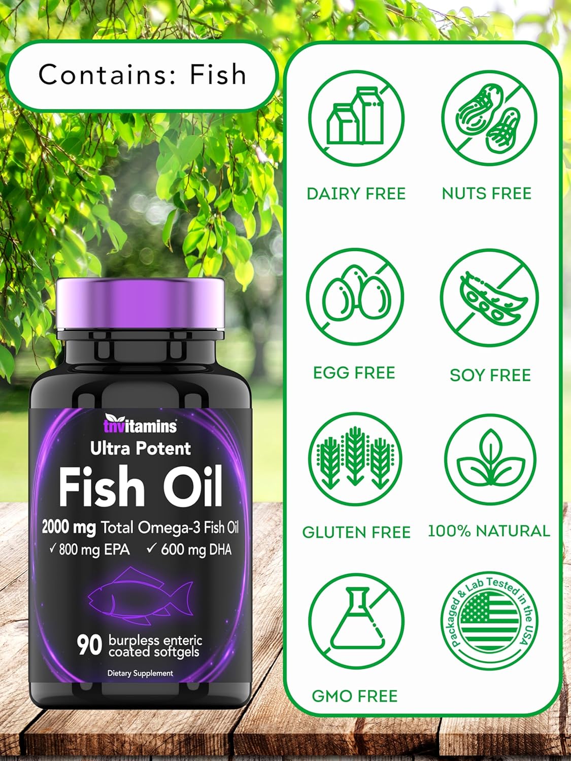 High Potency Enteric Coated Omega-3 Fish Oil Softgels for Heart Health - 2000mg, 90ct - 1400mg Omega-3 Fatty Acids (800mg EPA, 600mg DHA)