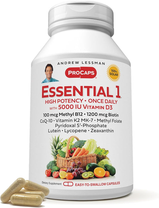 High Potency Essential-1 Multivitamin with 5000 IU Vitamin D3 and 100 mcg Methyl B12 - CoQ10, Lutein, Lycopene, Zeaxanthin - 30 Small Capsules, No Additives, Ultra-Mild Formula, One Daily Capsule