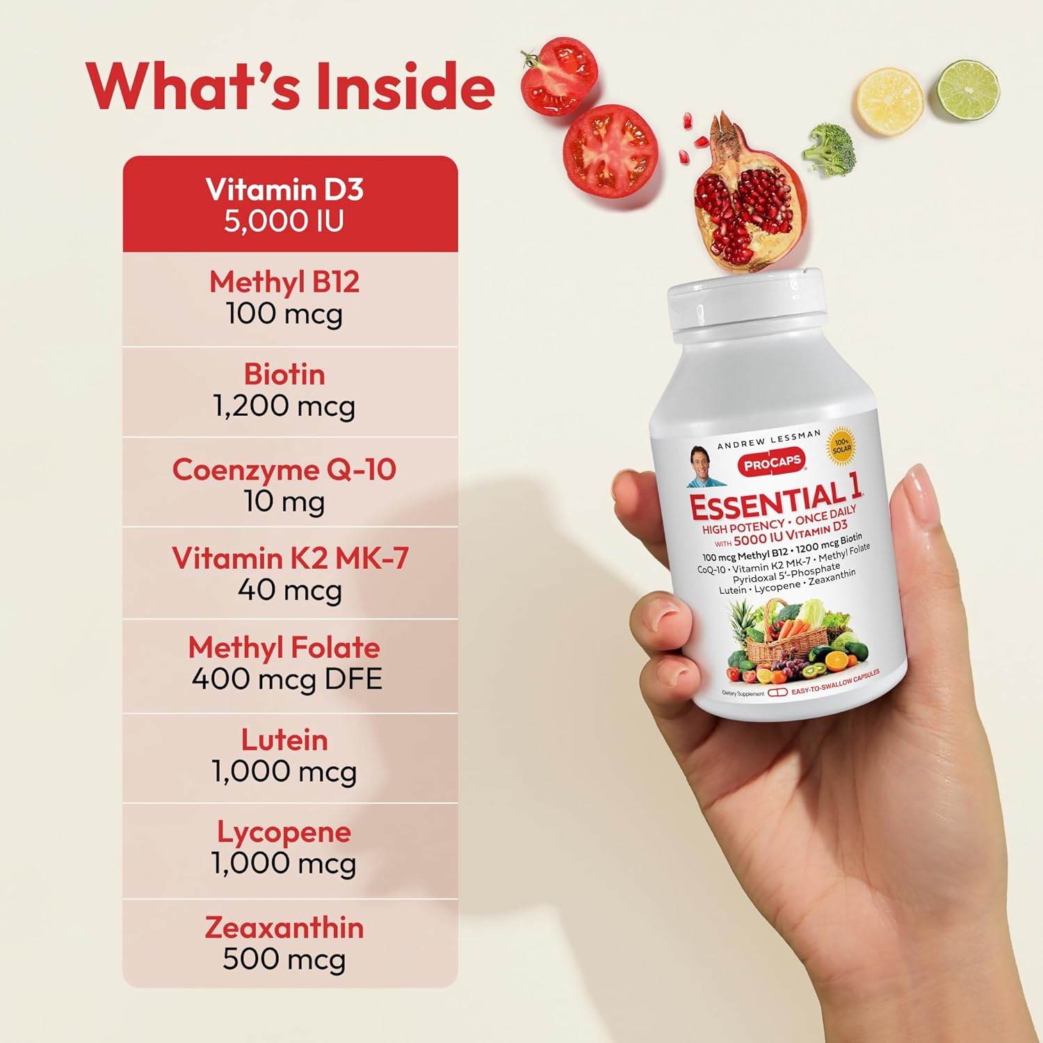 High Potency Essential-1 Multivitamin with 5000 IU Vitamin D3 and 100 mcg Methyl B12 - CoQ10, Lutein, Lycopene, Zeaxanthin - 30 Small Capsules, No Additives, Ultra-Mild Formula, One Daily Capsule