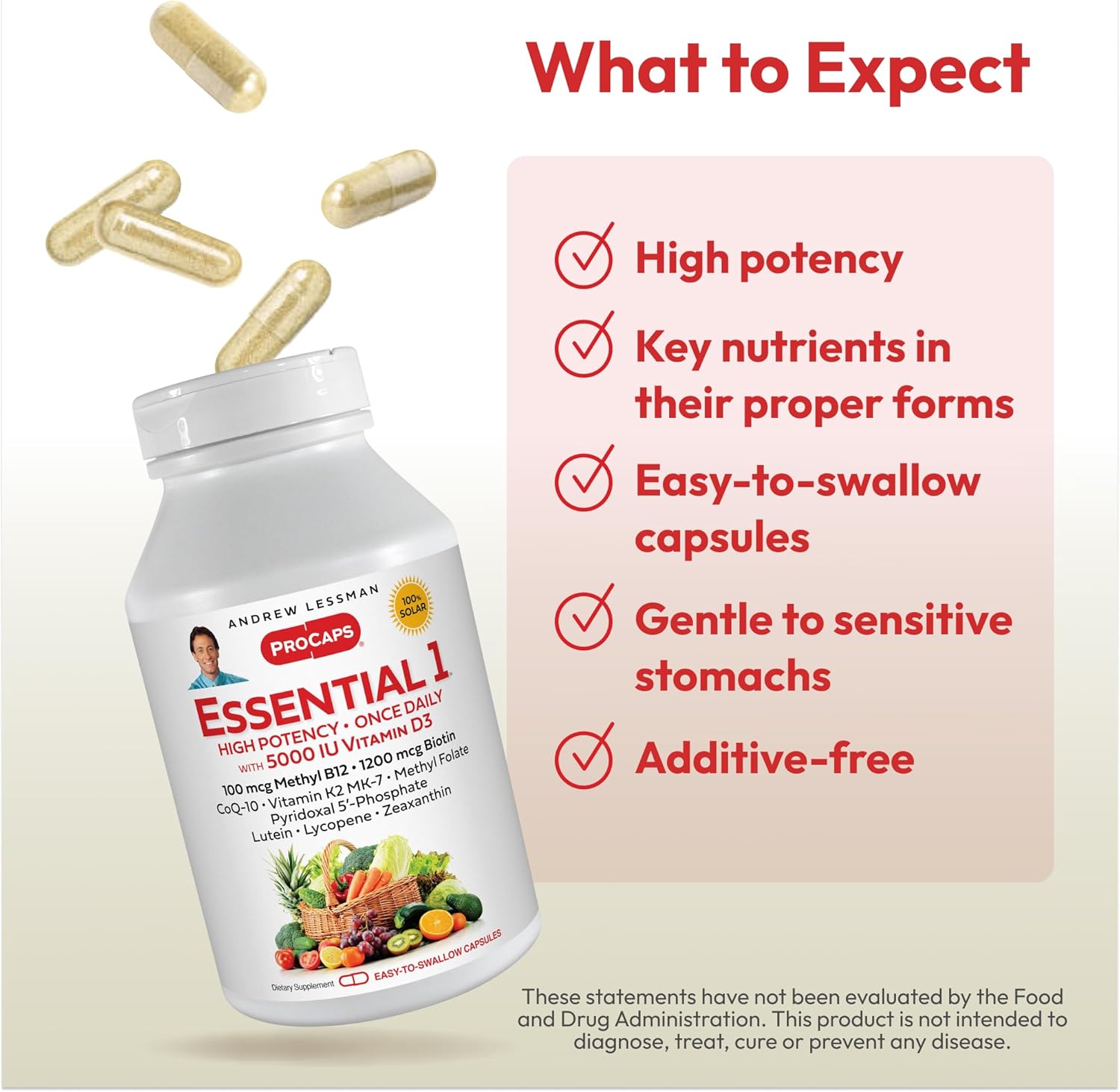 High Potency Essential-1 Multivitamin with 5000 IU Vitamin D3 and 100 mcg Methyl B12 - CoQ10, Lutein, Lycopene, Zeaxanthin - 30 Small Capsules, No Additives, Ultra-Mild Formula, One Daily Capsule