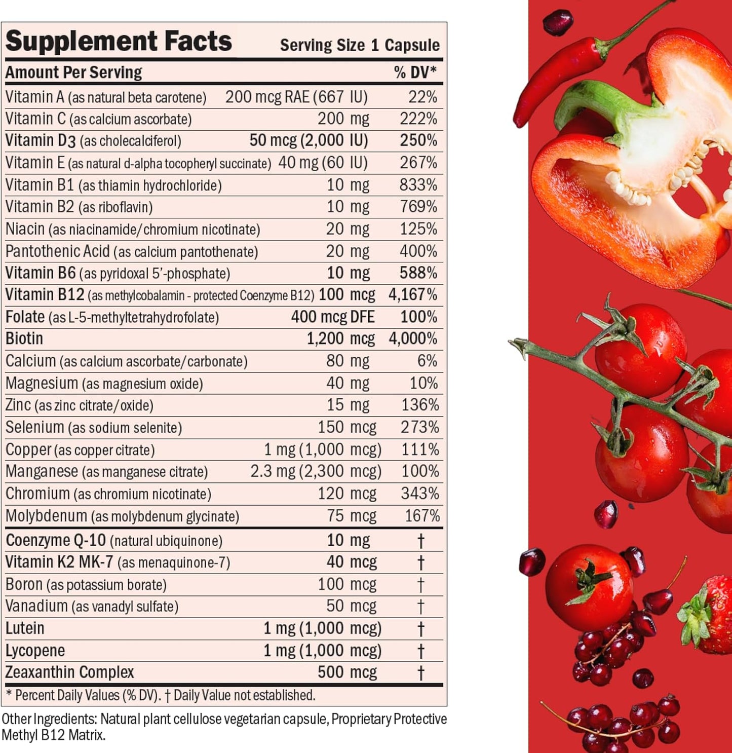 High Potency Essential-1 Multivitamin with Vitamin D3, Methyl B12, CoQ10, Lutein, Lycopene, and Zeaxanthin - 360 Small Capsules, No Additives