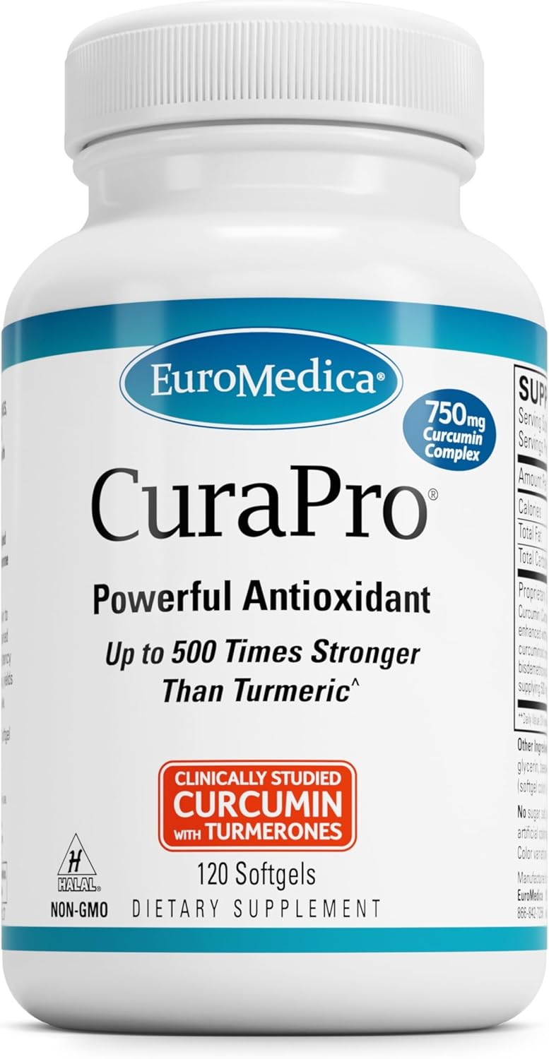 High Potency Euromedica CuraPro 750 mg Turmeric Curcumin Softgels - Liver, Brain & Immune Support - 120 Servings - 120 Count