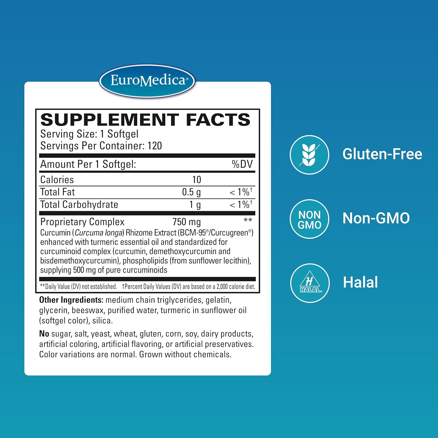 High Potency Euromedica CuraPro 750 mg Turmeric Curcumin Softgels - Liver, Brain & Immune Support - 120 Servings - 120 Count