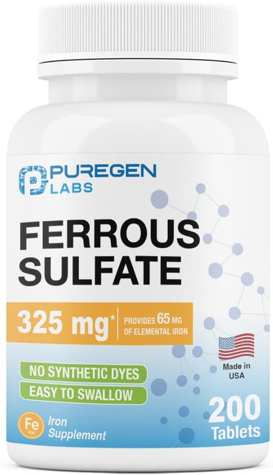High Potency Ferrous Sulfate Iron Supplement 325mg (65mg Elemental Iron) - 200 Tablets USA Made - No Artificial Colors