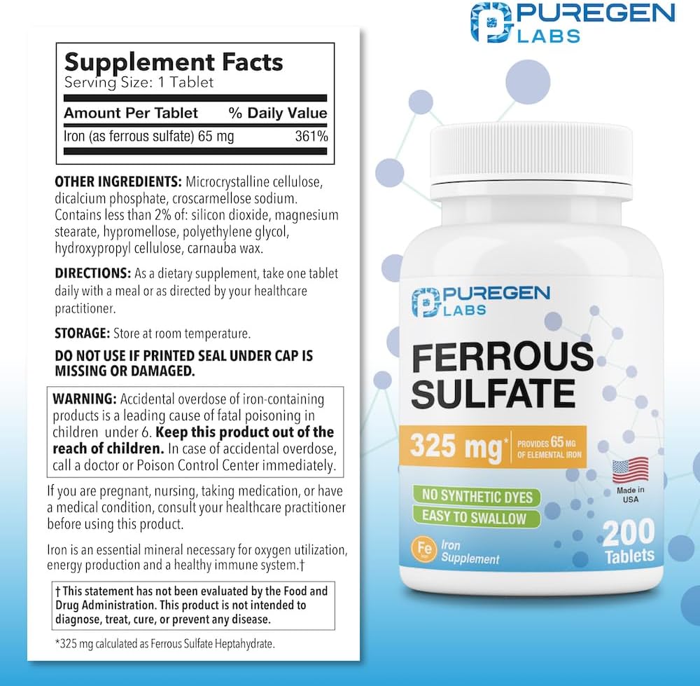 High Potency Ferrous Sulfate Iron Supplement 325mg (65mg Elemental Iron) - 200 Tablets USA Made - No Artificial Colors