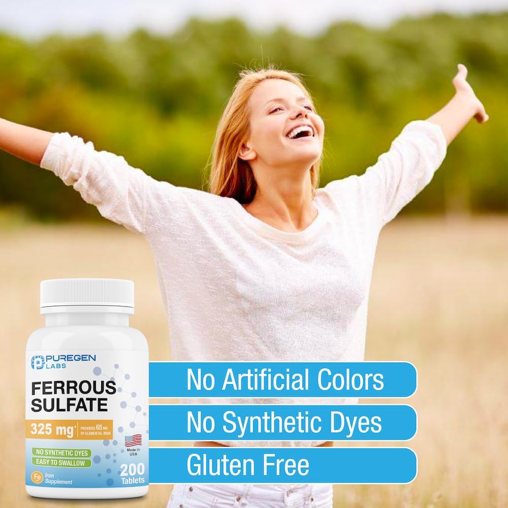 High Potency Ferrous Sulfate Iron Supplement 325mg (65mg Elemental Iron) - 200 Tablets USA Made - No Artificial Colors