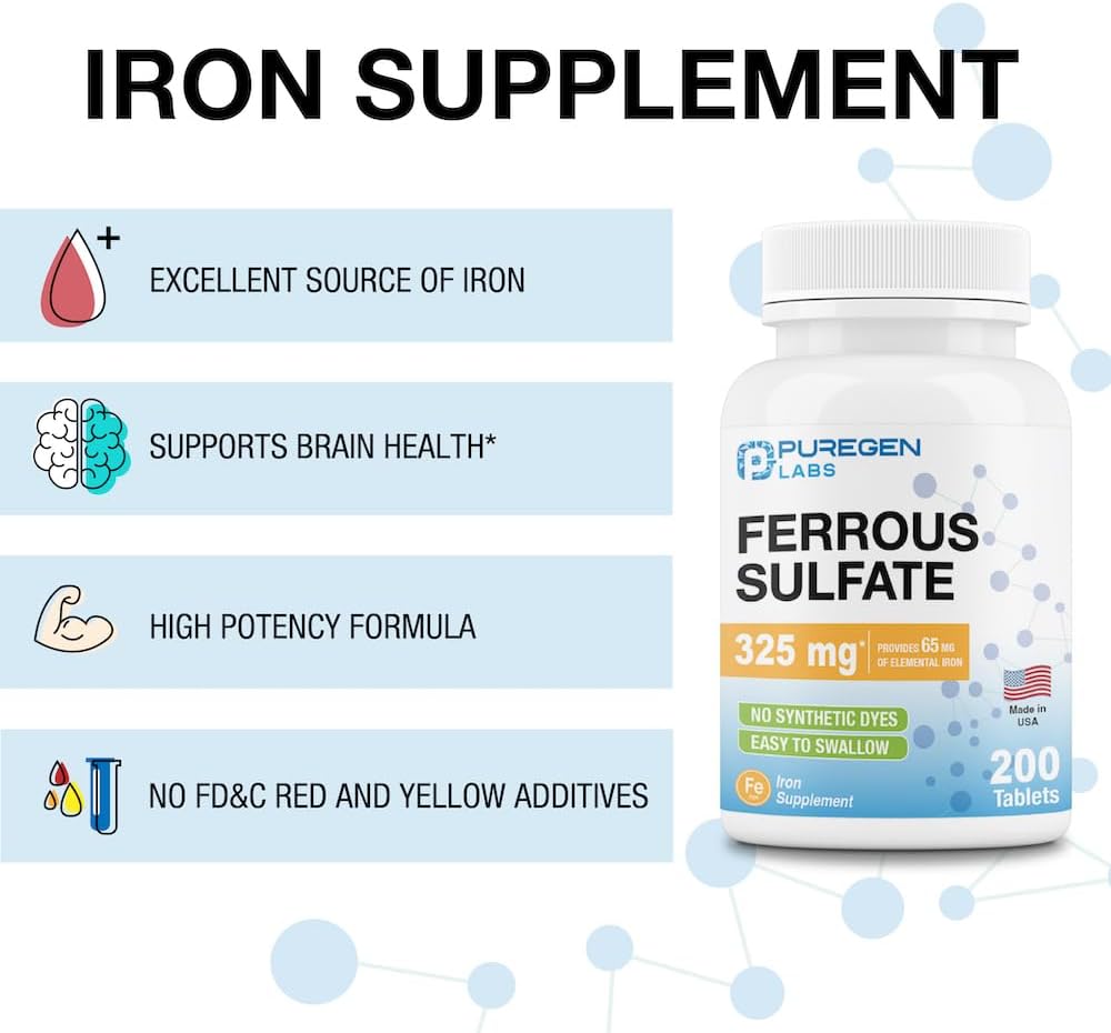 High Potency Ferrous Sulfate Iron Supplement 325mg (65mg Elemental Iron) - 200 Tablets USA Made - No Artificial Colors