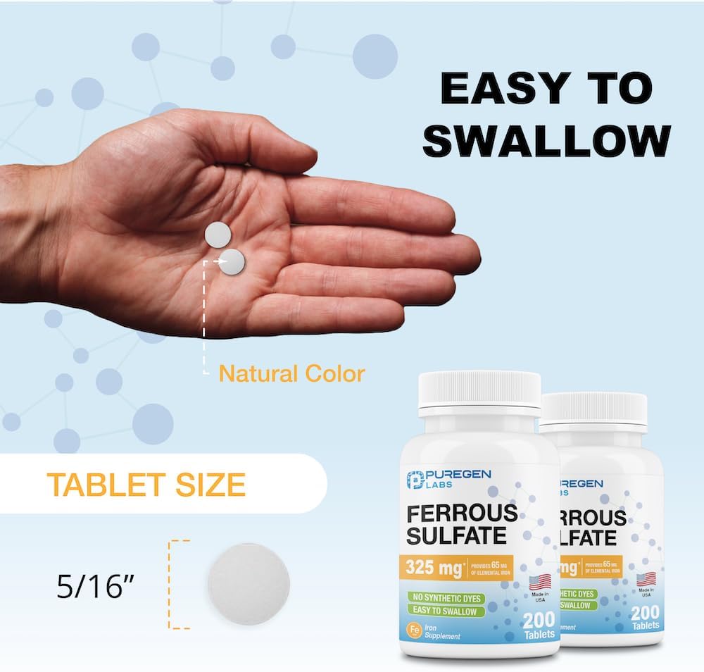 High Potency Ferrous Sulfate Iron Supplement 325mg (65mg Elemental Iron) - 200 Tablets USA Made - No Artificial Colors